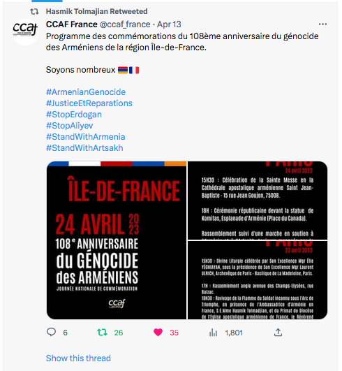 Hasmik Tolmajian : Programme des commémorations du génocide