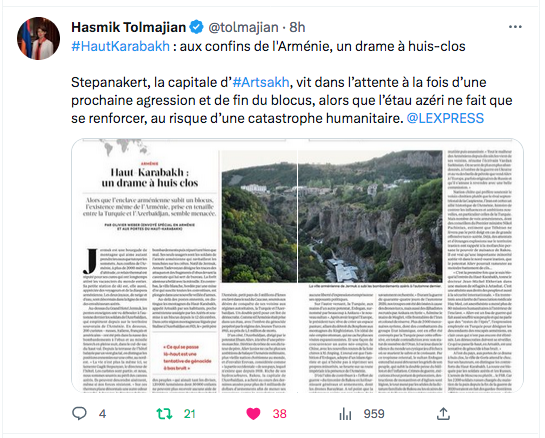 Hasmik Tolmajian : Dans l&rsquo;Express : « aux confins de l&rsquo;Arménie »