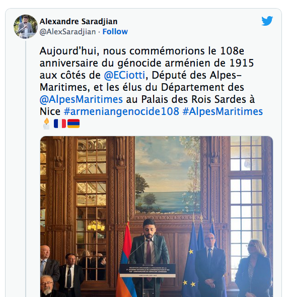 Alexandre Saradjian : Aujourd&rsquo;hui nous commémorions le 108ème anniversaire