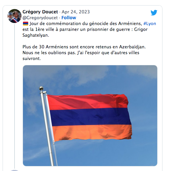 Grégory Doucet : Lyon est la première ville à parrainer un prisonnier arménien