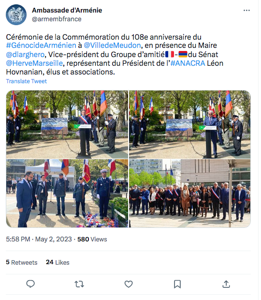 Ambassade d&rsquo;Arménie : commémoration du génocide à Meudon