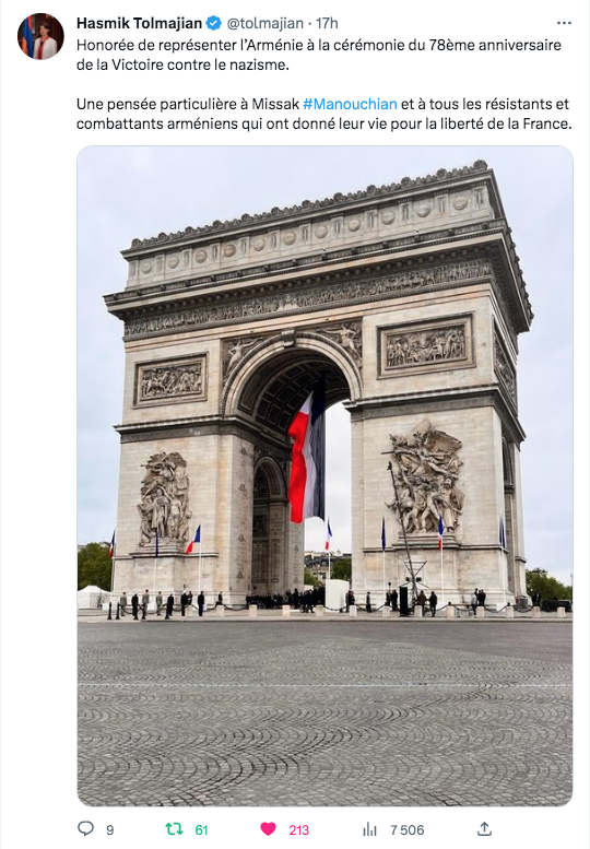 Hasmik Tolmajian : A l&rsquo;Arc de Triomphe pour la victoire contre le nazisme