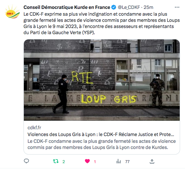 CDKF : actes de violence commis par les Loups gris à Lyon