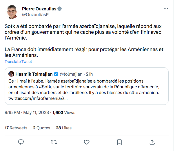 Pierre Ouzoulias : Intolérable attaque contre l&rsquo;Arménie