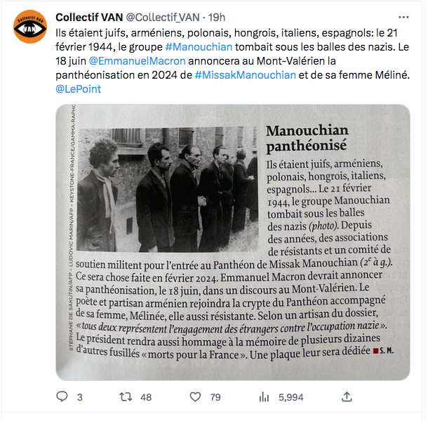 Collectif Van : la panthéonisation de Manouchian annoncée le 18 juin