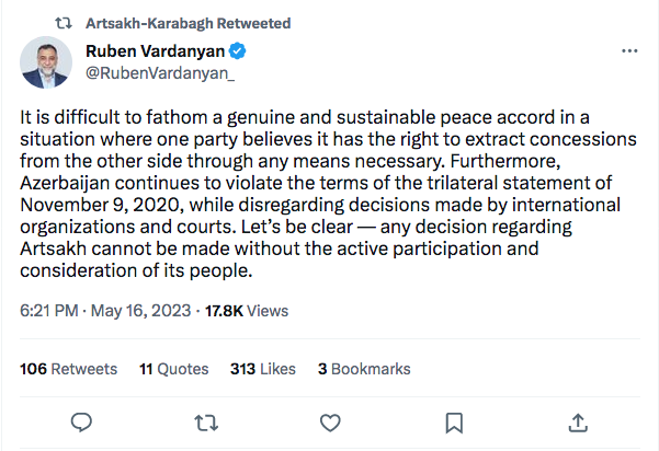 Ruben Vardanyan : pas de décision sur l&rsquo;Artsakh sans l&rsquo;accord de son peuple