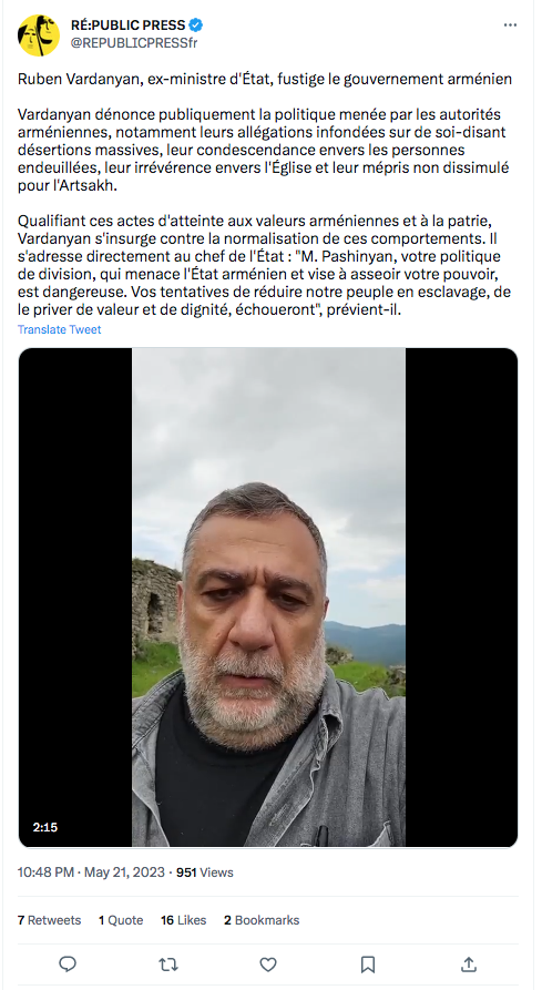 Ruben Vardanyan : Dénonciation des autorités d&rsquo;Arménie