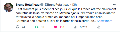 Bruno Retailleau : La France doit affirmer son refus de la souveraineté de l&rsquo;Azerbaïdjan sur l&rsquo;Artsakh