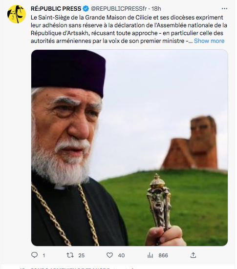 Re:public press : le Saint-Siège de Cilicie soutient l&rsquo;Artsakh