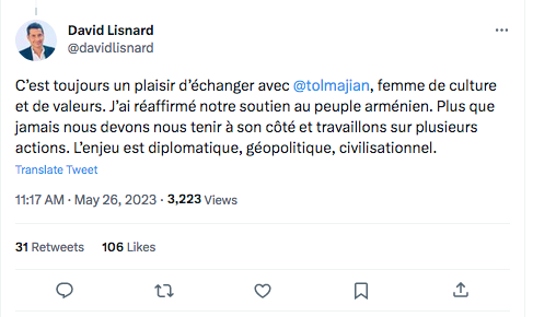 David Lisnard : Arménie, l&rsquo;enjeu est diplomatique, géopolitique, civilisationnel