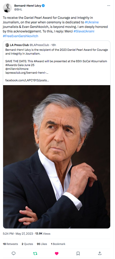 Bernard-Henri Lévy :  prix Daniel Pearl pour le courage et l&rsquo;intégrité dans le journalisme