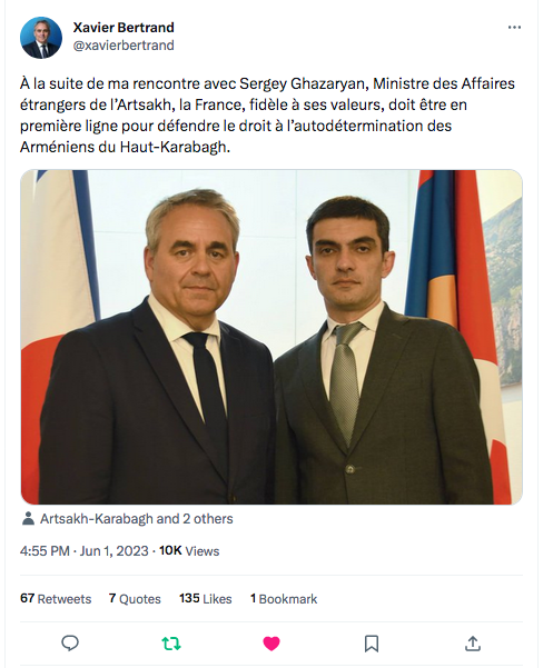 Xavier Bertrand : Ma rencontre avec Sergey Ghazaryan MAE de l&rsquo;Artsakh
