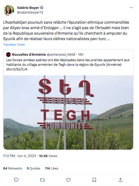 Valérie Boyer : L&rsquo;Azerbaïdjan poursuit l&rsquo;épuration avec Aliev bras armé d&rsquo;Erdogan