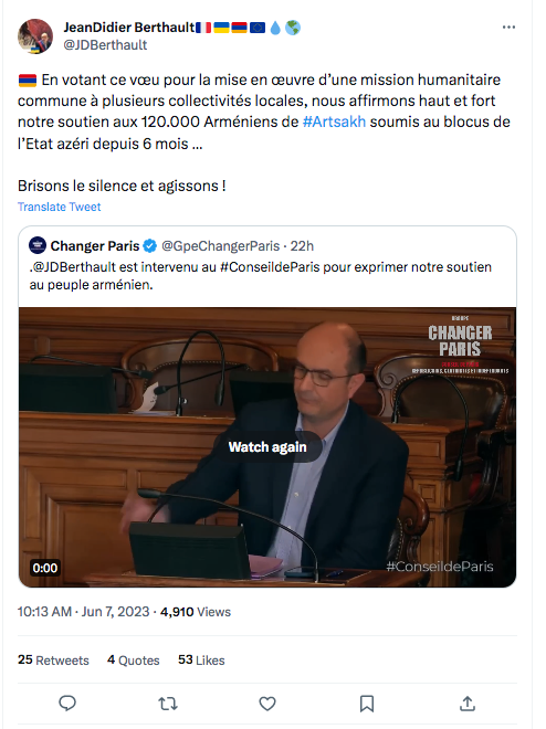 Jean-Didier Berthault : Paris vote une mission humanitaire pour l&rsquo;Artsakh