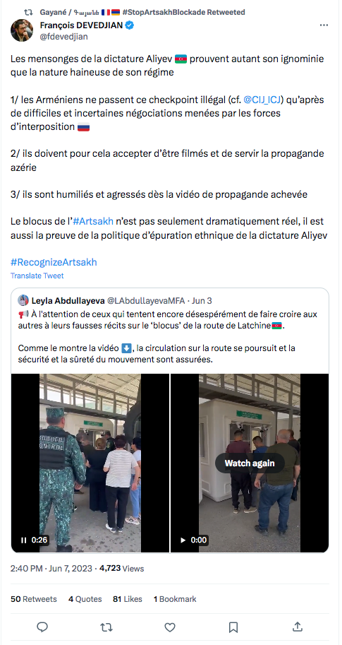 François Devedjian : propagande sur le checkpoint illegal de Latchine