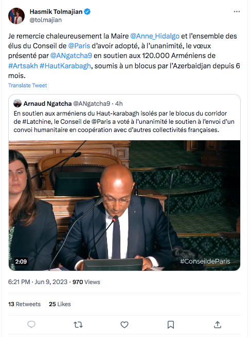 Hasmik Tolmajian : Merci à Anne Hidalgo pour le convoi vers l&rsquo;Artsakh