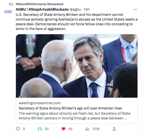 AGBU : Blinken ne doit pas ingorer les abus de l&rsquo;Azerbaïdjan