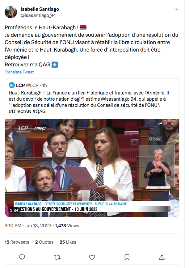 Isabelle Santiago : A l&rsquo;Assemblée Nationale : protégeons le Haut-Karabakh