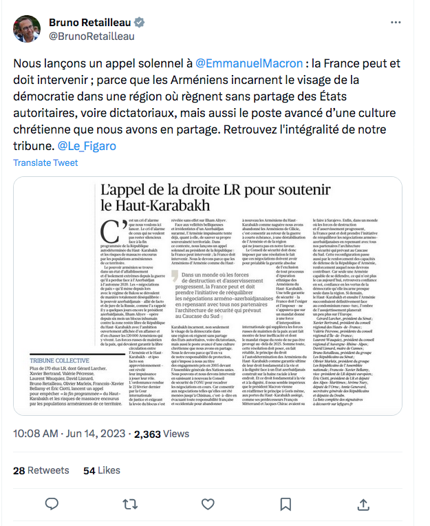 Bruno Retailleau : appel à E Macron pour une intervention de la France pour l&rsquo;Artsakh