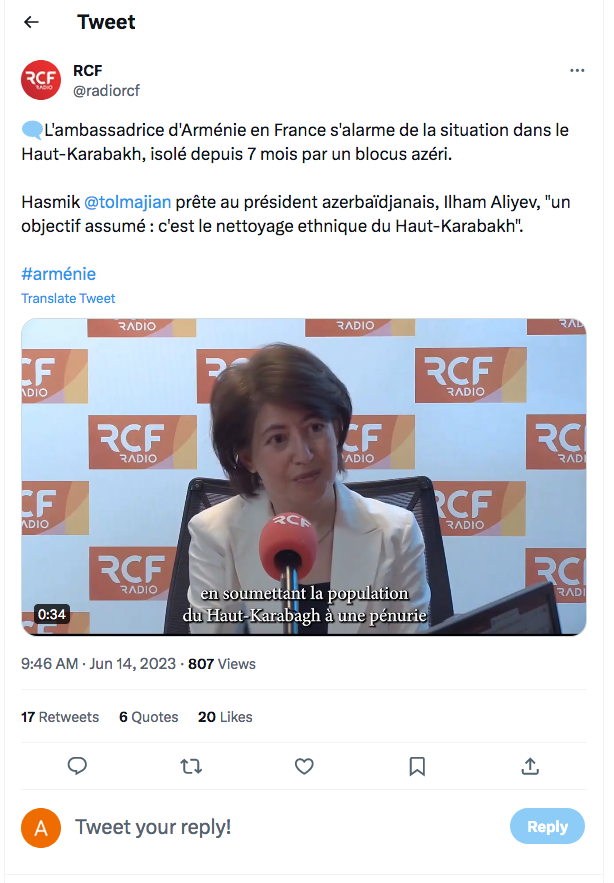 RCF : Interview de Hasmik Tolmajian ambassadrice d&rsquo;Arménie en France