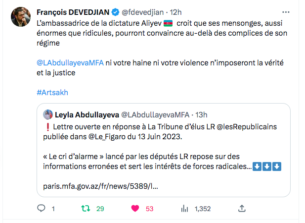 François Devedjian : les mensonges de l&rsquo;ambassadrice de la dictature Aliev
