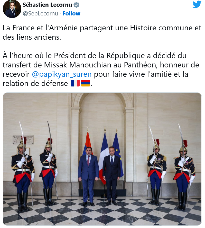 S. Lecornu : Honneur de recevoir Suren Papikyan