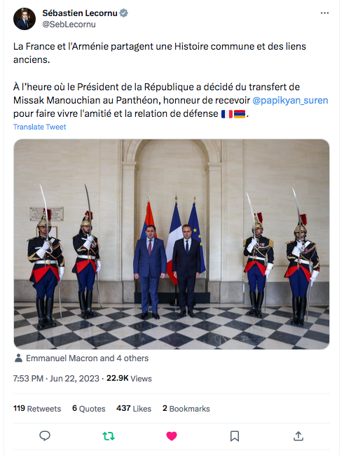 Sebastien Lecornu : La France et l&rsquo;Arménie partagent une histoire commune