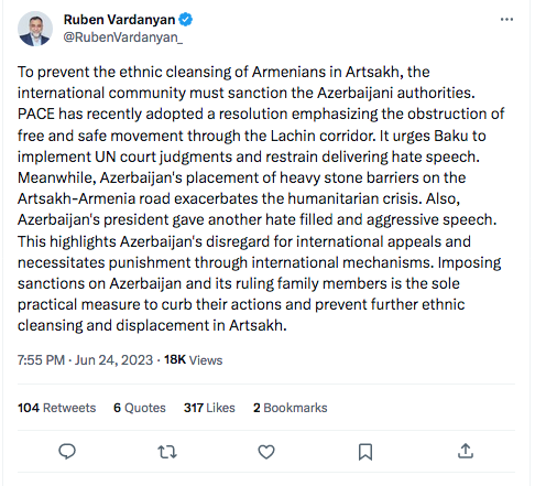 Ruben Vardanyan : besoin de sanctions contre l&rsquo;Azerbaïdjan