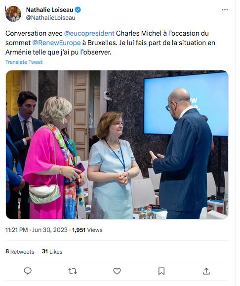 Nathalie Loiseau : conversation avec Charles Michel sur l&rsquo;Arménie