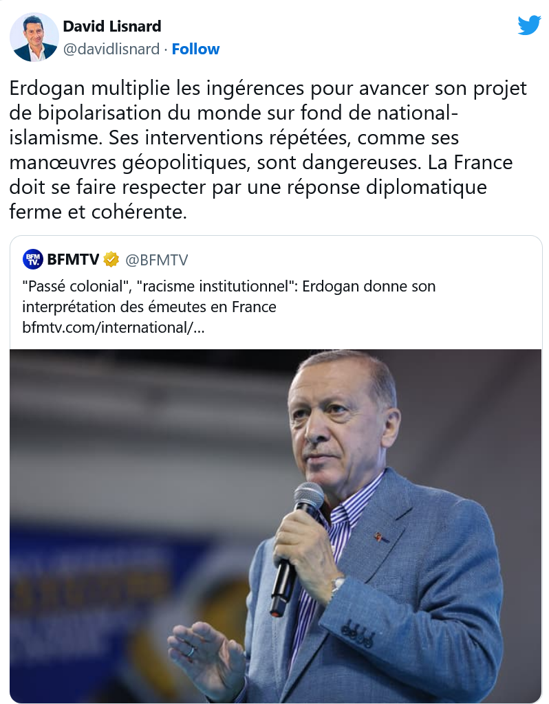 D. Lisnard : Erdogan multiplie les ingérences pour avancer son projet de bipolarisation du monde