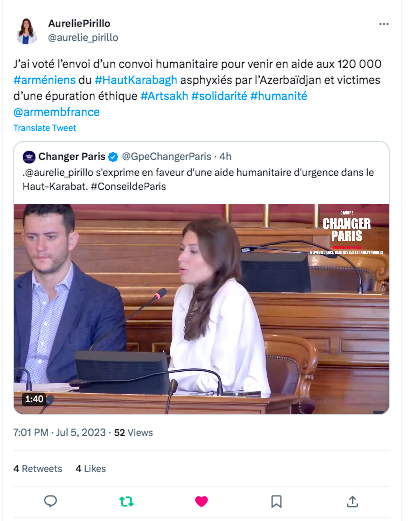 Aurelie Pirillo : vote de Paris pour le convoi humanitaire en Artsakh