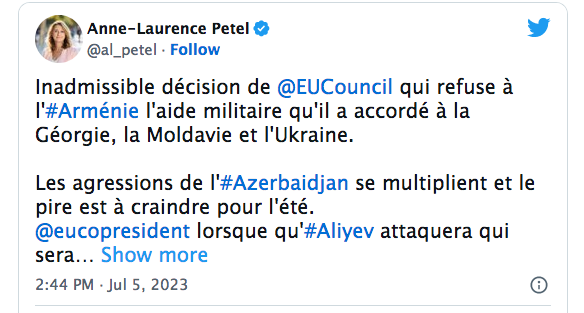 A. L. PETEL : inadmissible décision de EUCouncil  qui refuse à l&rsquo;Arménie l&rsquo;aide militaire