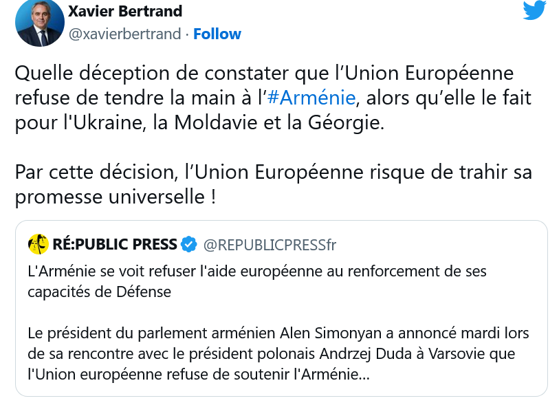 X. Bertrand : tendre la main à l&rsquo;Arménie