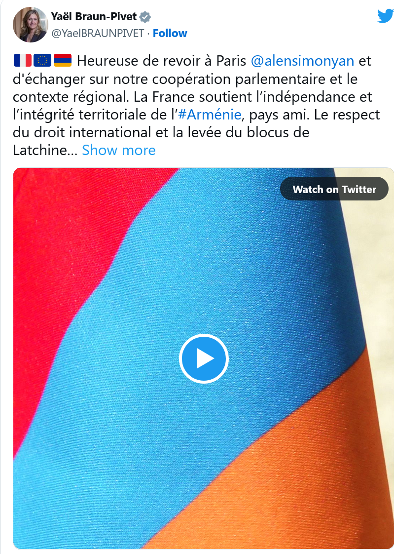 Y. Braun-Pivet : La France soutient l’indépendance et l’intégrité territoriale de l’Arménie, pays ami.