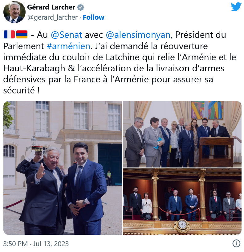 G. Larcher : Pour l’accélération de la livraison d’armes défensives par la France à l’Arménie pour assurer sa sécurité