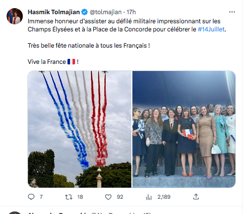 Hasmik Tolmajian : Honneur d&rsquo;assister au défilé du 14 juillet