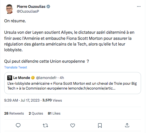 Pierre Ouzoulias : Ursula von der Leyen soutient Aliyev
