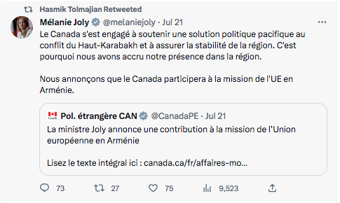 Mélanie Joly : le Canada engagé à soutenir une solution pacifique au Haut Karabakh
