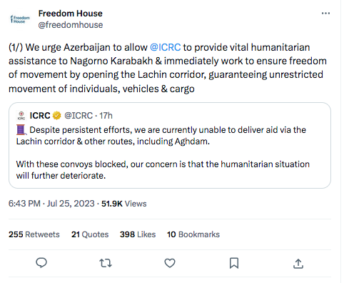 Freedom house : Nous exhortons l&rsquo;Azerbaïdjan