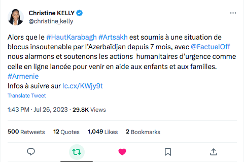 Christine Kelly : Pour le soutien au Haut Karabakh