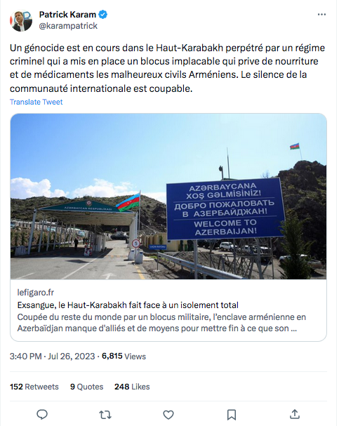 Patrick Karam : Un génocide est en cours dans le Haut-Karabakh