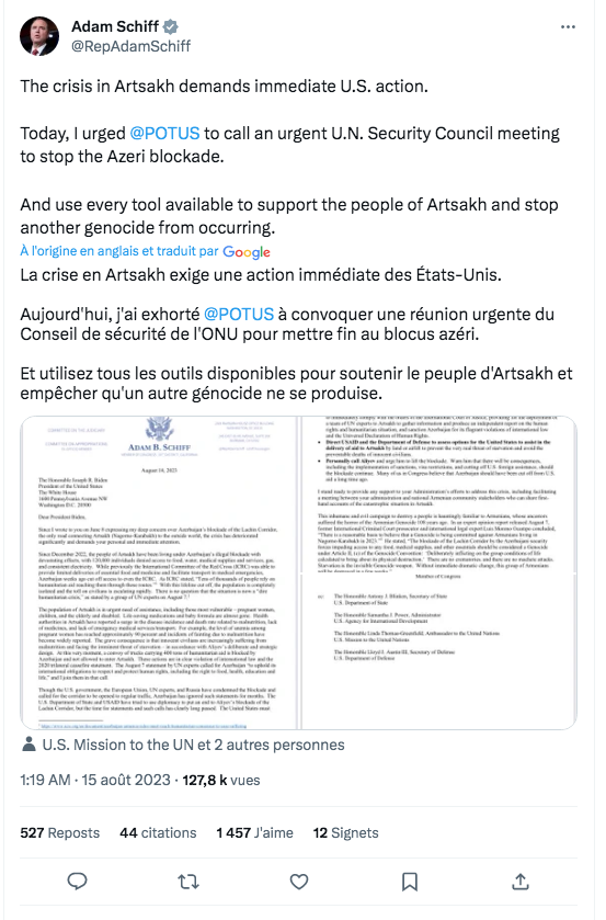 La crise en Artsakh exige une action immédiate des États-Unis