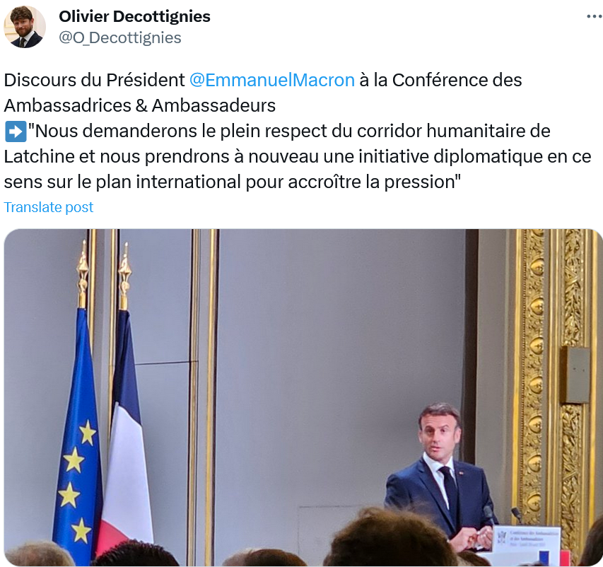 Discours du Président : « Nous demanderons le plein respect du corridor humanitaire de Latchine »