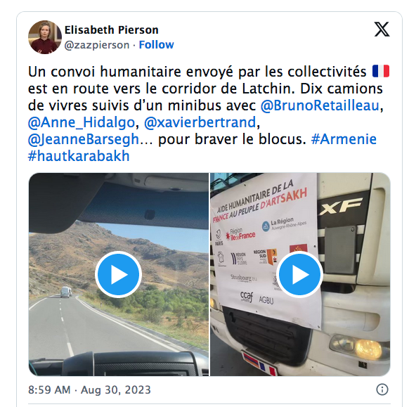 Un convoi humanitaire envoyé par les collectivités 🇫🇷 est en route vers le corridor de Latchin.
