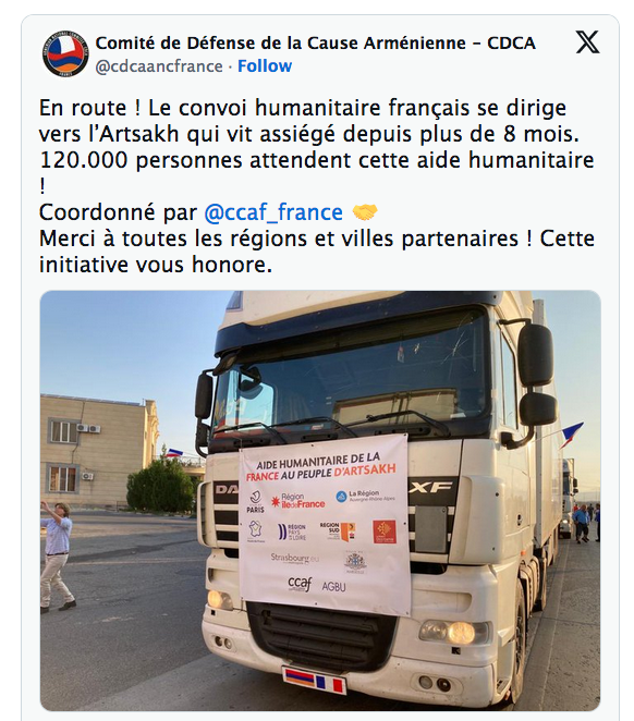 En route ! Le convoi humanitaire français se dirige vers l’Artsakh qui vit assiégé depuis plus de 8 mois