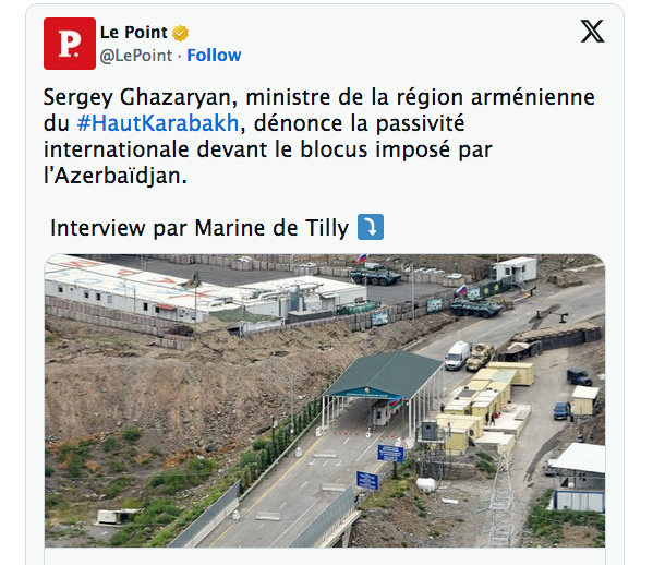 Sergey Ghazaryan, ministre de la région arménienne du #HautKarabakh, dénonce la passivité internationale devant le blocus imposé par l’Azerbaïdjan.