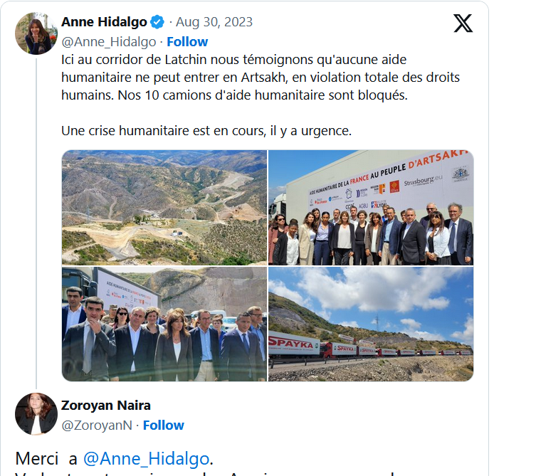 Merci  a @Anne_Hidalgo .  Vu les tweets cyniques des Azeris,  on comprend que l&rsquo;action humanitaire irrite la dictature.