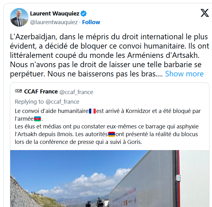L&rsquo;Azerbaïdjan, dans le mépris du droit international le plus évident, a décidé de bloquer ce convoi humanitaire.