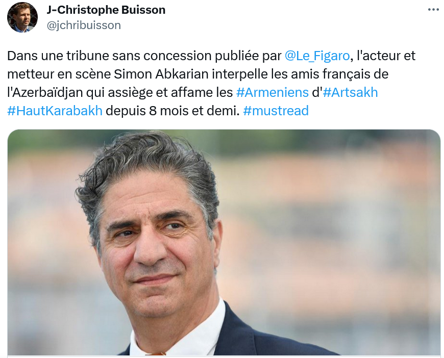 Dans une tribune sans concession publiée par Le Figaro,Simon Abkarian interpelle les amis français de l&rsquo;Azerbaïdjan