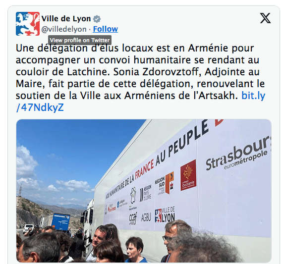 Une délégation d’élus locaux est en Arménie pour accompagner un convoi humanitaire se rendant au couloir de Latchine.